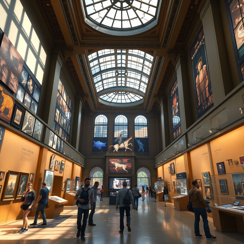 A detailed depiction of the main hall in a museum set within the world of GTA Online