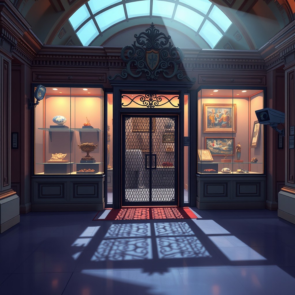 A captivating illustration of a closed main exhibition hall in a museum within GTA Online, where very valuable artifacts and items are kept securely