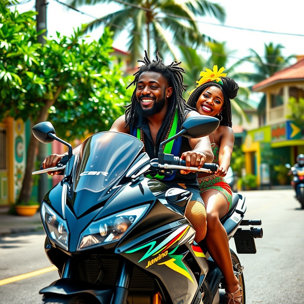 A vibrant scene featuring a Rastafarian man riding a sleek black CBR motorcycle, embodying coolness and freedom