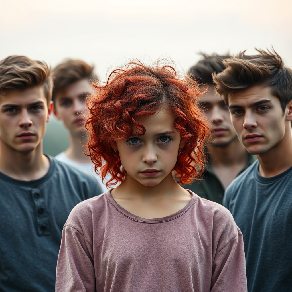 A girl with vibrant red curly hair standing in the center, looking contemplative and slightly torn, symbolizing emotional tension