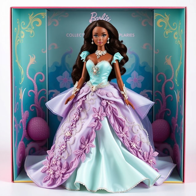 A stunning real-life Barbie doll featuring dark skin and beautiful brown hair, elegantly dressed in a mint green and light purple gown adorned with intricate marine-themed details inspired by French Rococo style