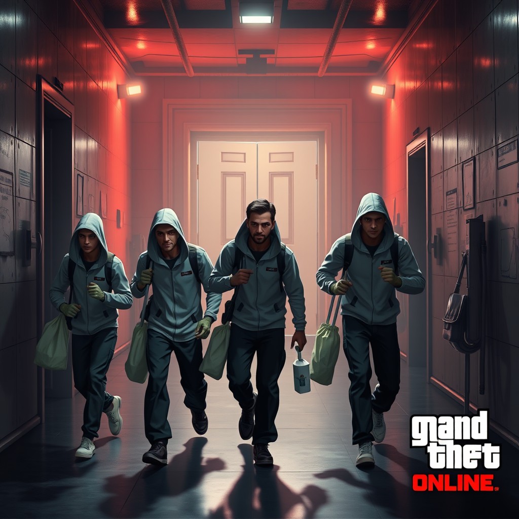 An engaging scene featuring four characters dressed as a cleaning crew stealthily approaching the main chamber in a GTA Online setting
