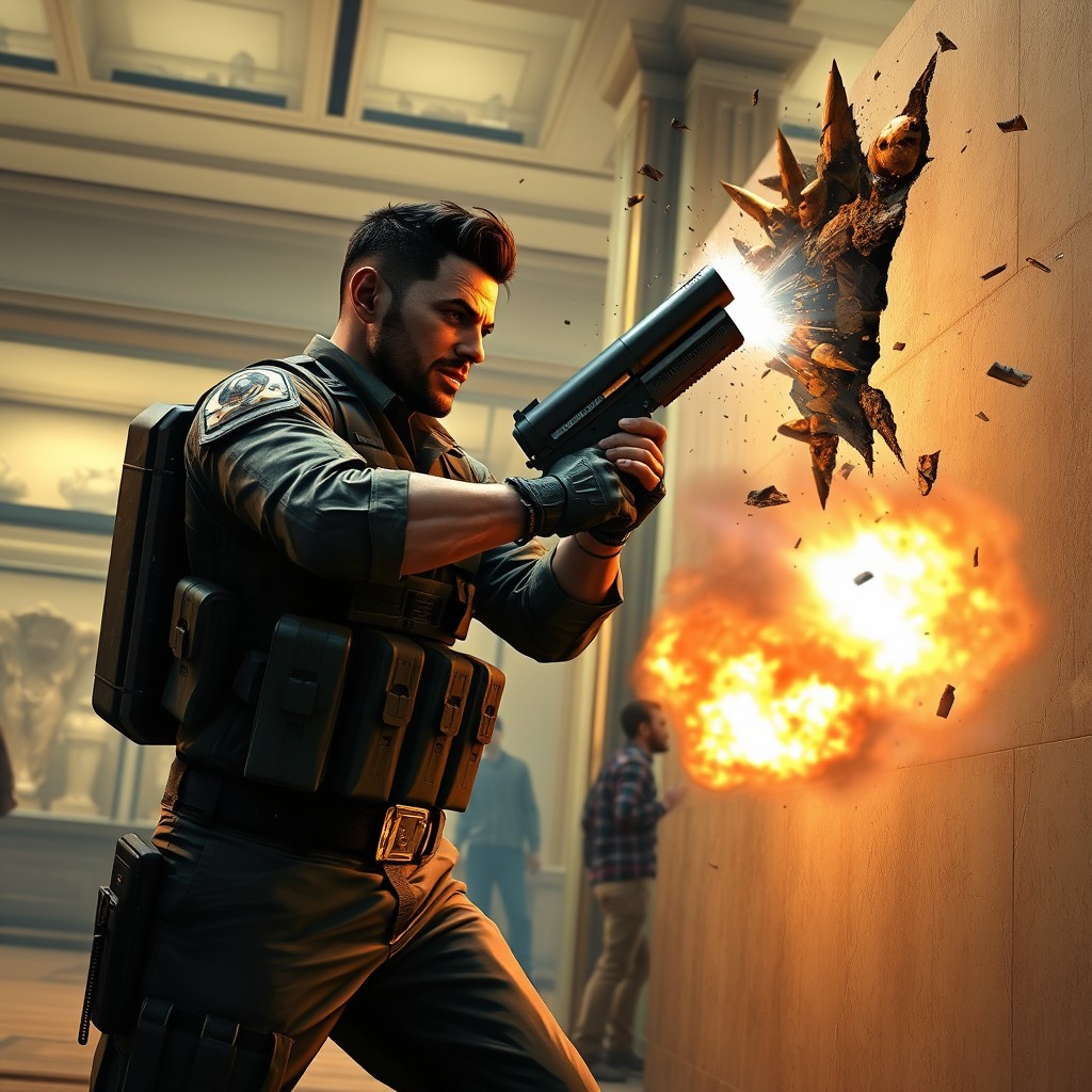 An intense action scene depicting a character in GTA Online about to blow up a wall in a museum to make a dramatic escape