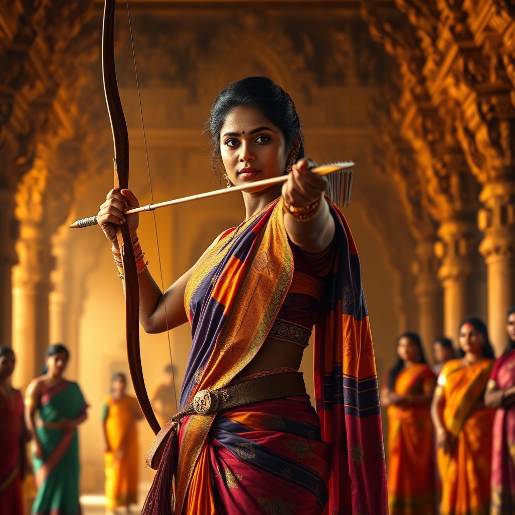 A hyper-realistic image of a confident Tamil woman with dusky skin, glistening slightly as if under intense lighting, standing in an ancient South Indian palace