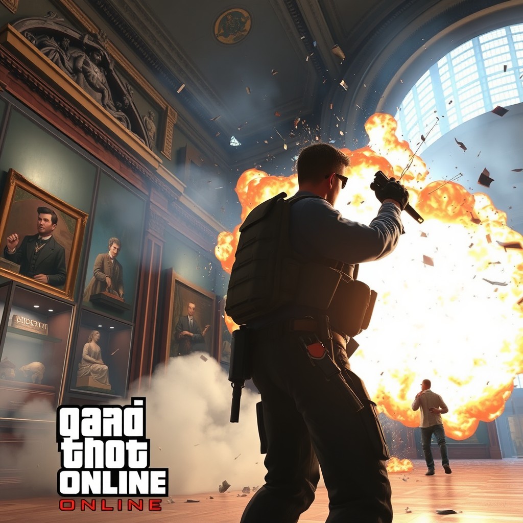 A thrilling scene depicting a character in GTA Online dramatically blowing up a wall in a museum to make a daring escape