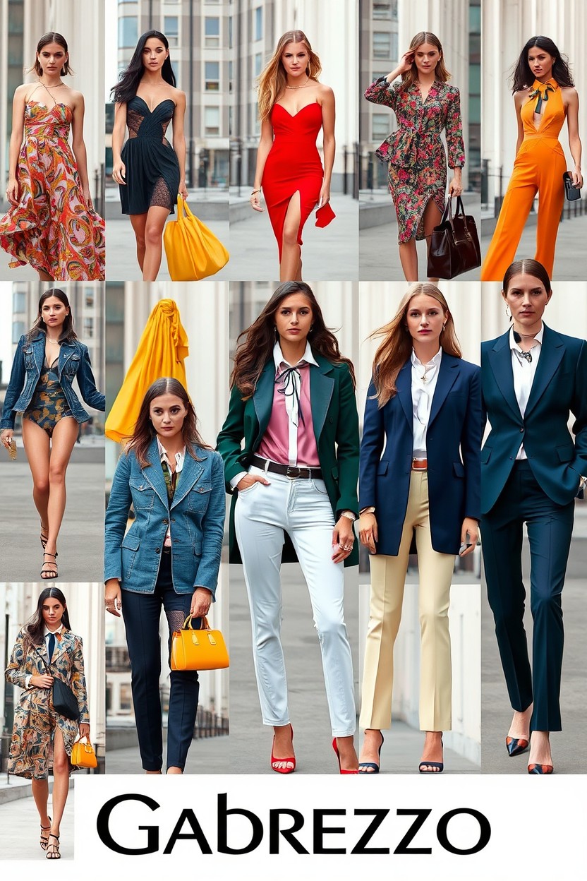 A vibrant and stylish fashion collection by Gabrezzo, featuring a range of clothing items including elegant dresses, sharp suits, trendy streetwear, and casual outfits