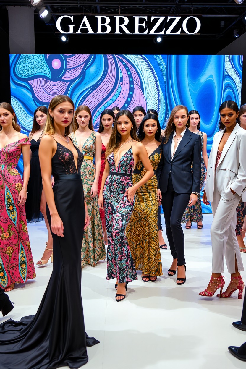 A stunning fashion showcase featuring the Gabrezzo clothes collection, highlighting luxurious fabrics and intricate designs