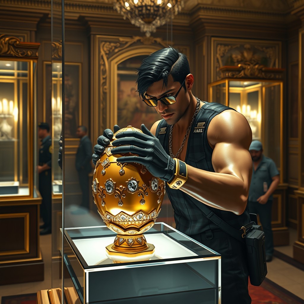A captivating scene of a character in GTA Online skillfully swapping a real golden egg adorned with diamonds for a convincing fake version within a museum setting