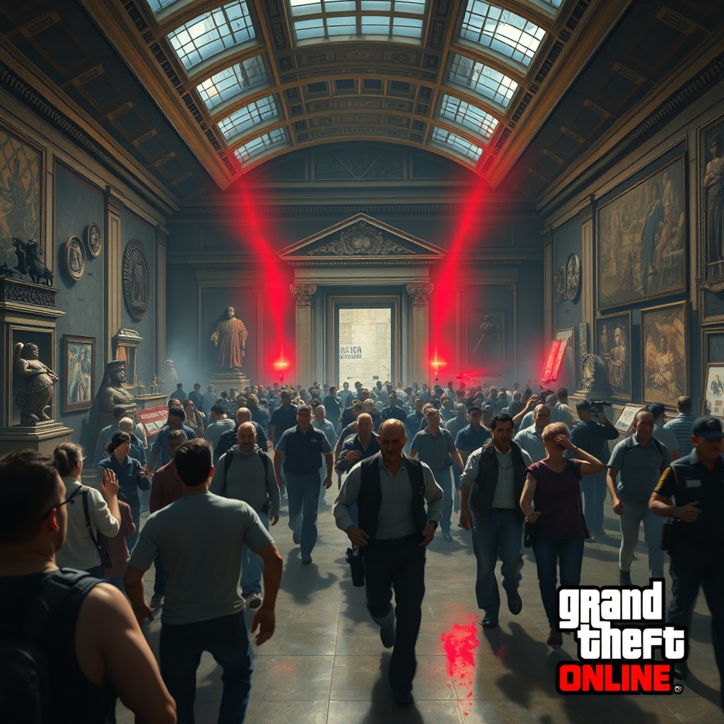 A dramatic scene showing a museum in chaos as alarms blare loudly throughout the building