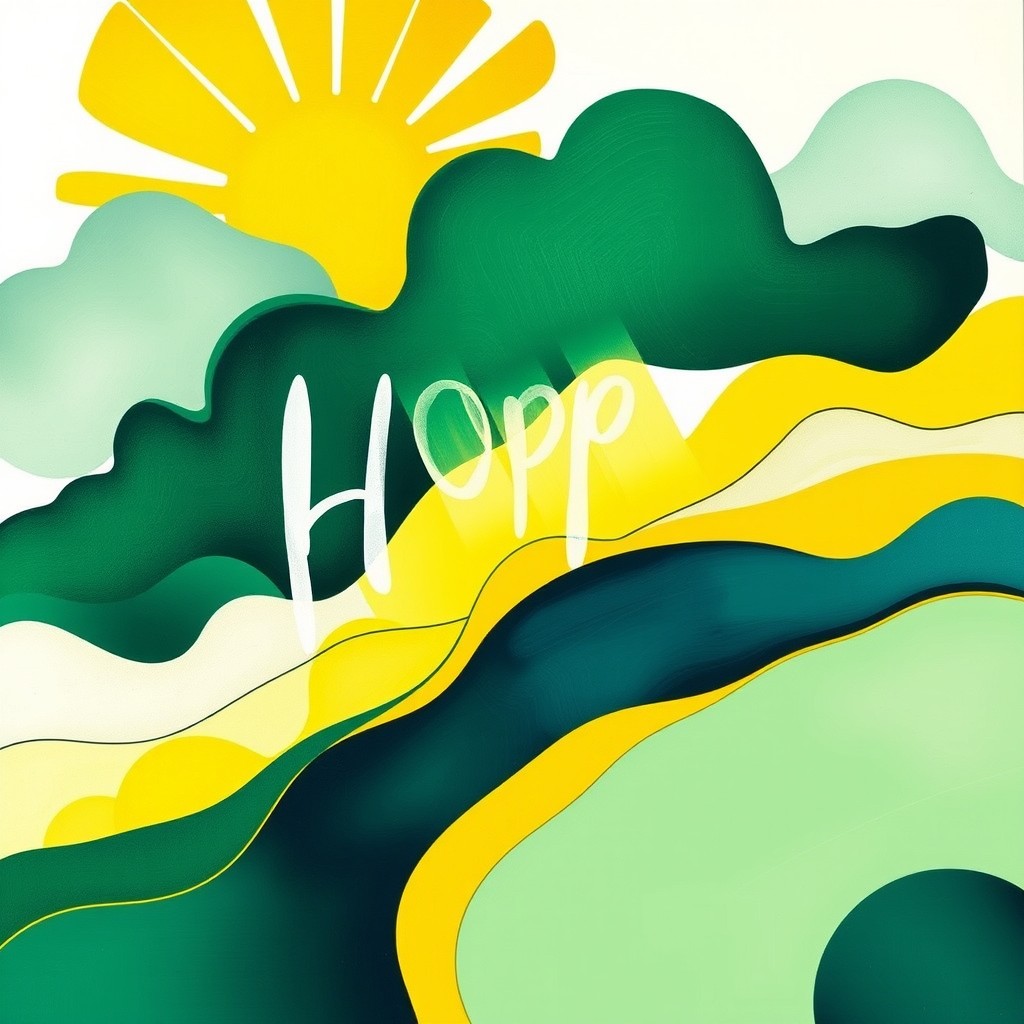An abstract representation of hope, featuring vibrant colors such as bright greens, cheerful yellows, and soft blues