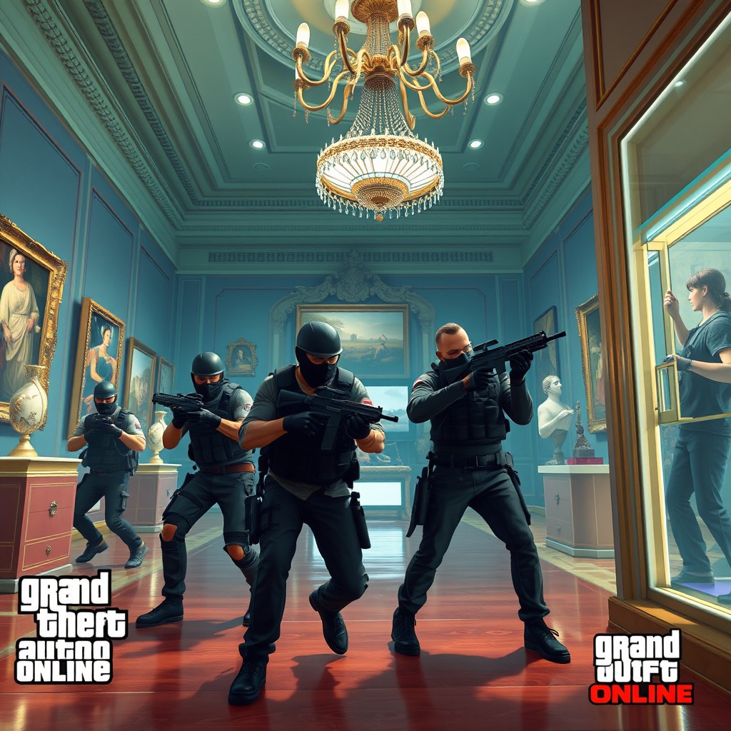 A dynamic scene set in a vibrant, stylized museum from the world of Grand Theft Auto Online, featuring an action-packed heist atmosphere