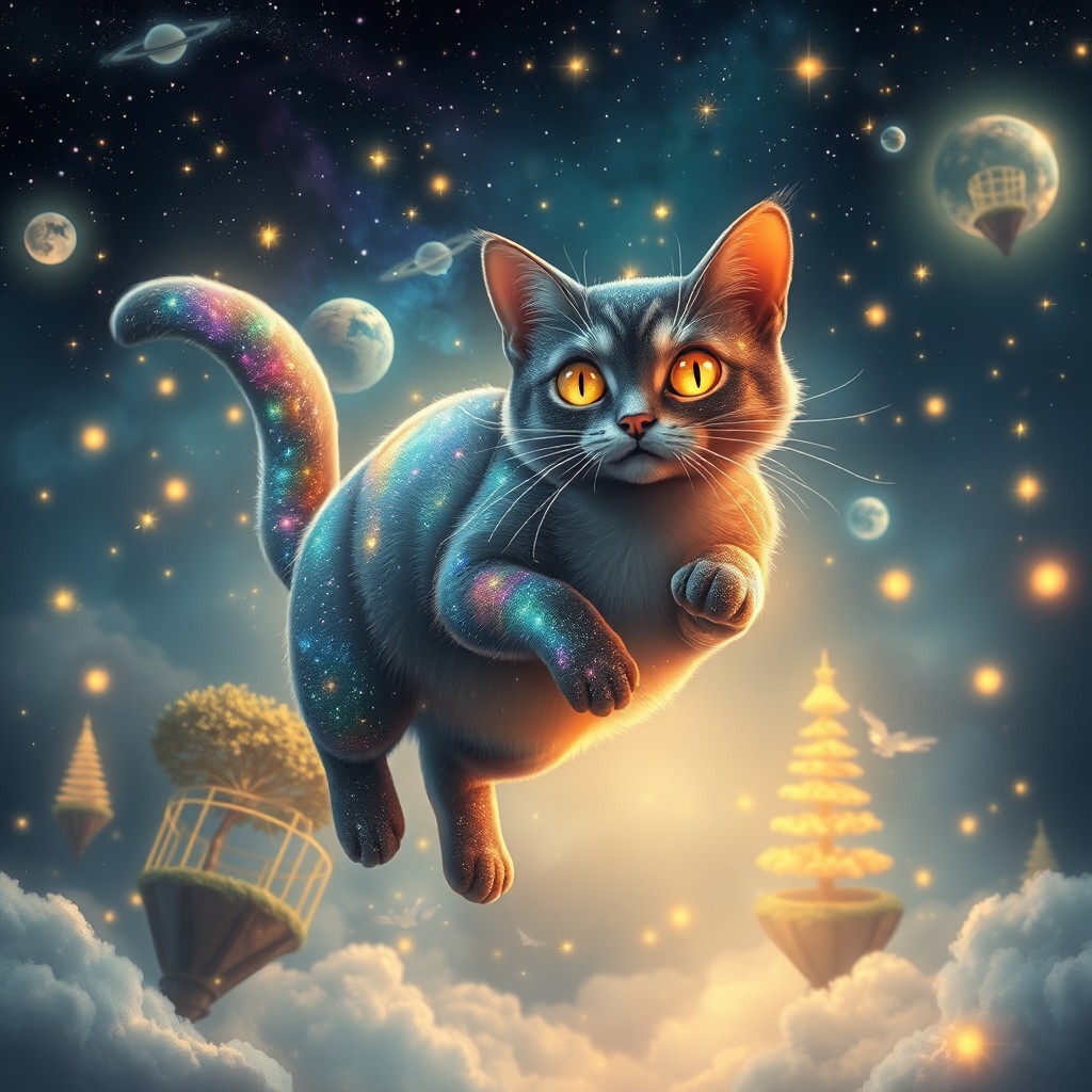 A majestic rainbow cat with galaxy-patterned fur floats mid-air, its starry eyes twinkling like constellations