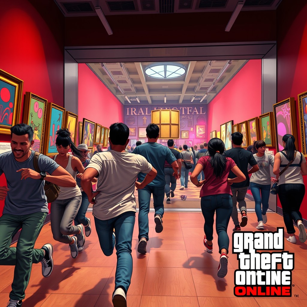 An engaging scene depicting a thrilling museum heist getaway in the universe of Grand Theft Auto Online