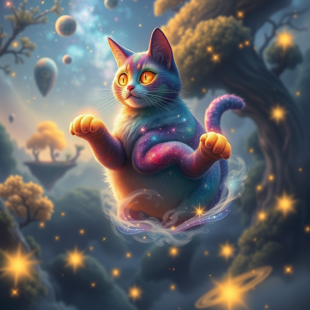 A majestic rainbow cat with galaxy-patterned fur floats mid-air, its starry eyes twinkling like constellations