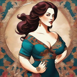 A digital art illustration of a confident woman with a curvaceous figure