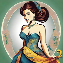 A digital art illustration of a confident woman with a curvaceous figure