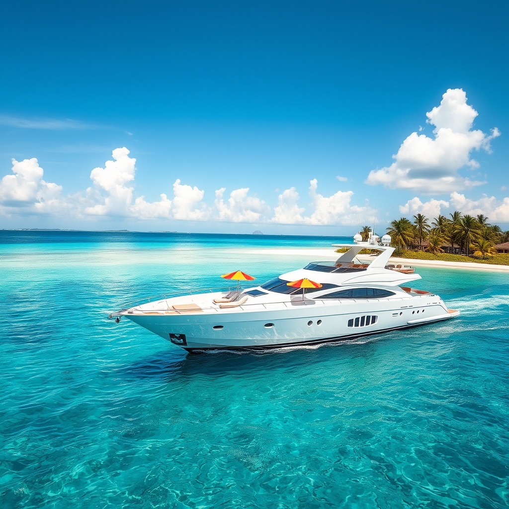 A stunning image of a luxurious yacht gracefully sailing in the crystal-clear turquoise waters of the Caribbean