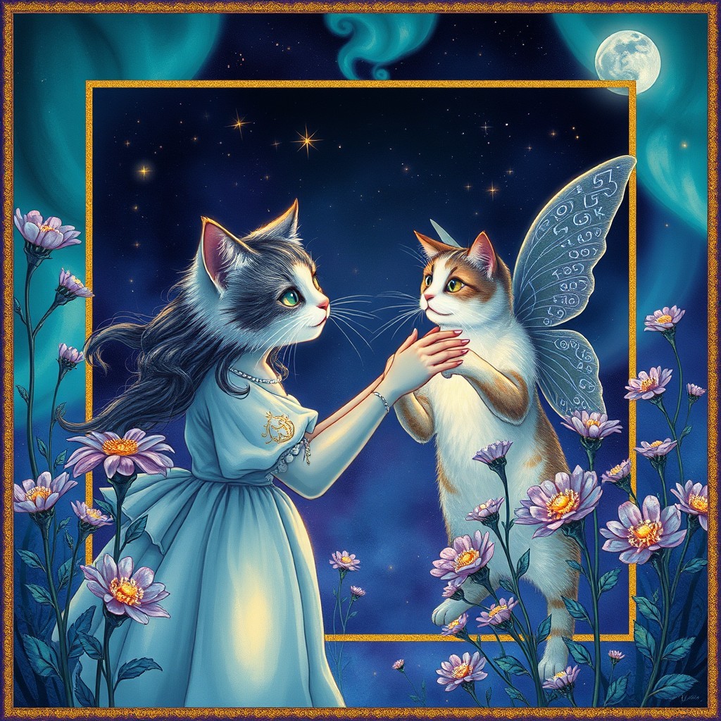 Sara, a curious girl wearing a luminescent dress, reaching toward her cat named Fairy, whose fur shifts colors like the northern lights