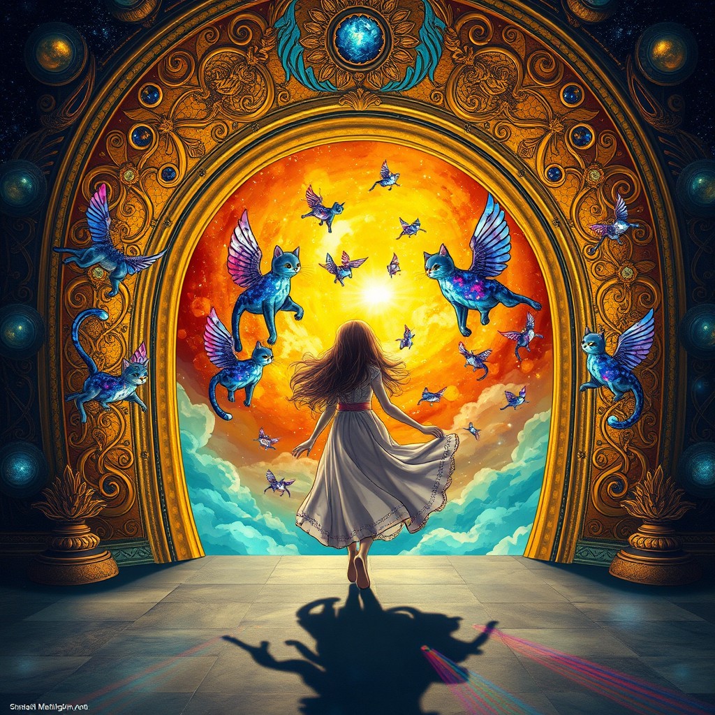 The portal to Cat Kingdom: a colossal gilded doorway decorated with intricate celestial carvings, where time flows backward in its majestic arch