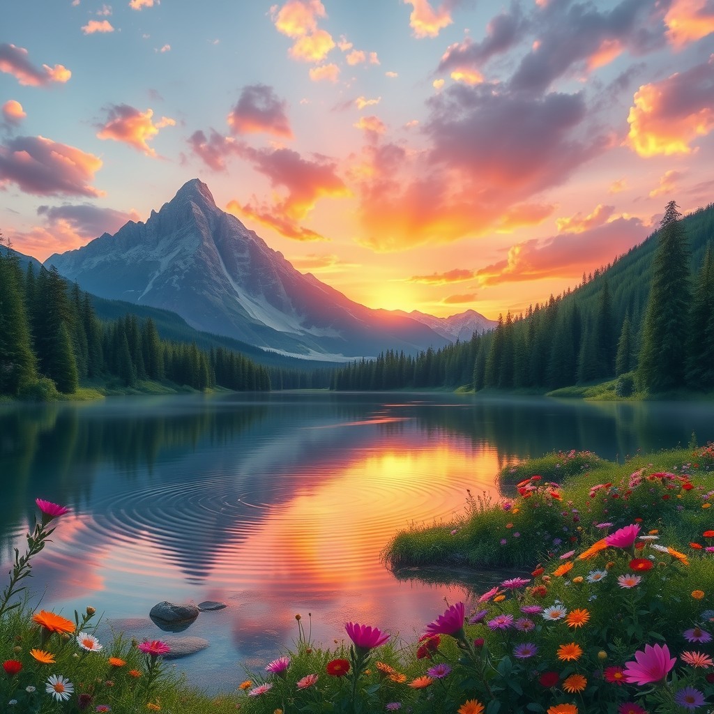 A stunning fantasy landscape, featuring a majestic mountain range with a vibrant sunset in the background, casting warm hues of orange, pink, and purple across the sky