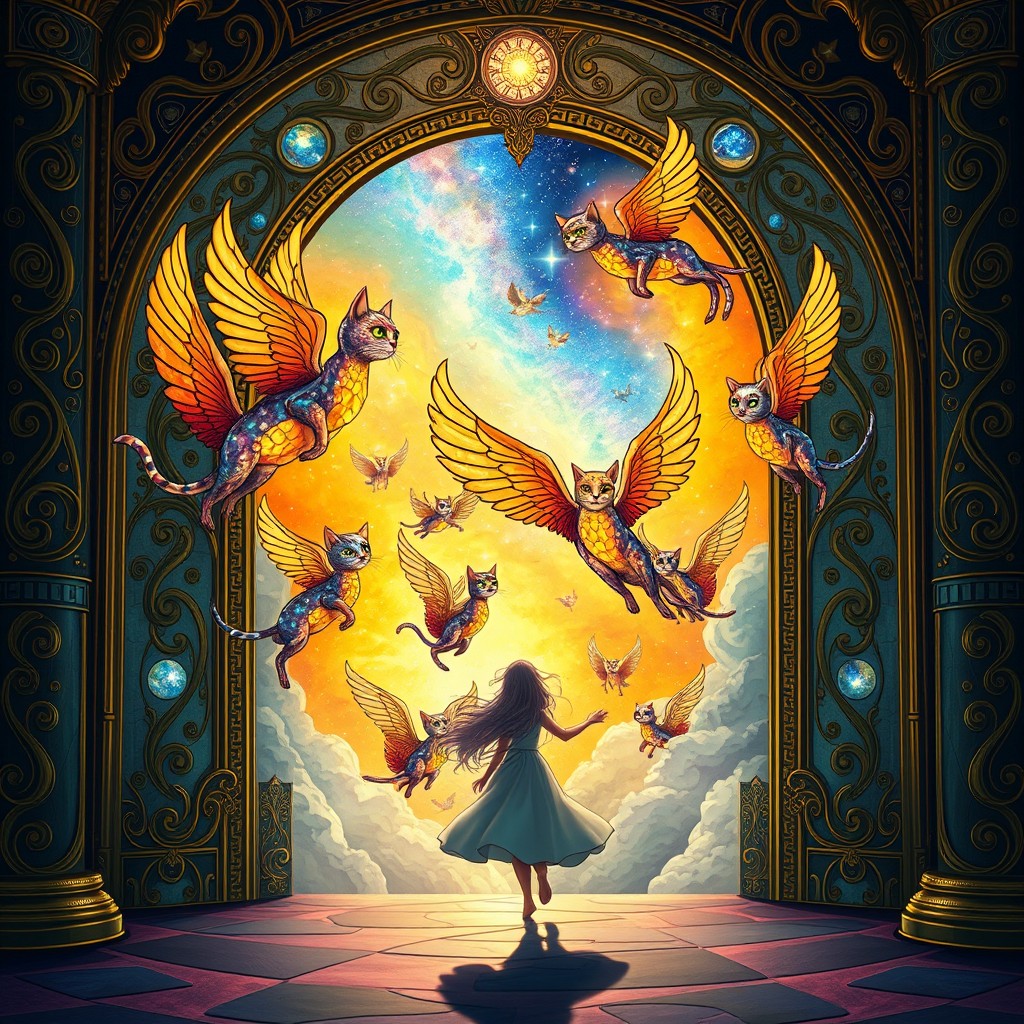 The portal to Cat Kingdom: a colossal gilded doorway covered in intricate celestial carvings, with an archway where time flows backward