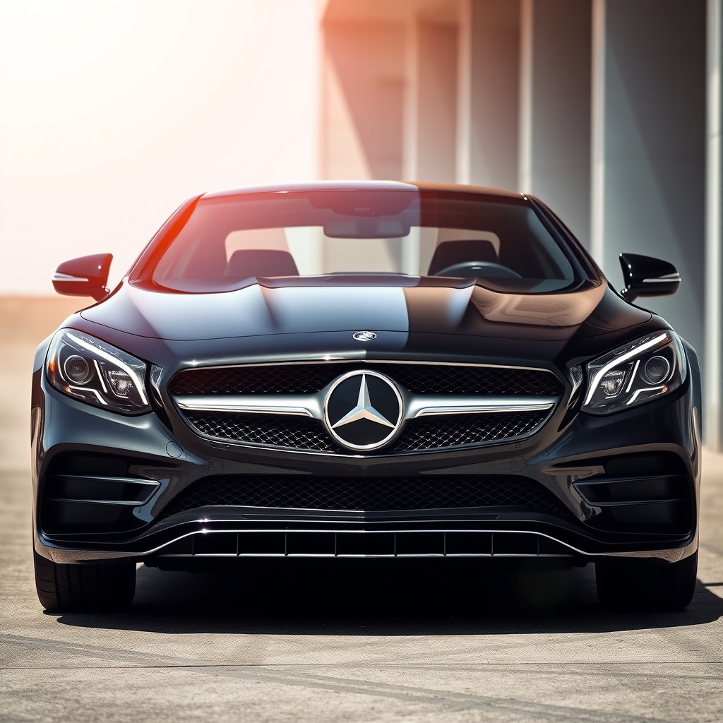 A striking frontal view of a sleek Mercedes-Benz, showcasing its iconic grille and elegant design