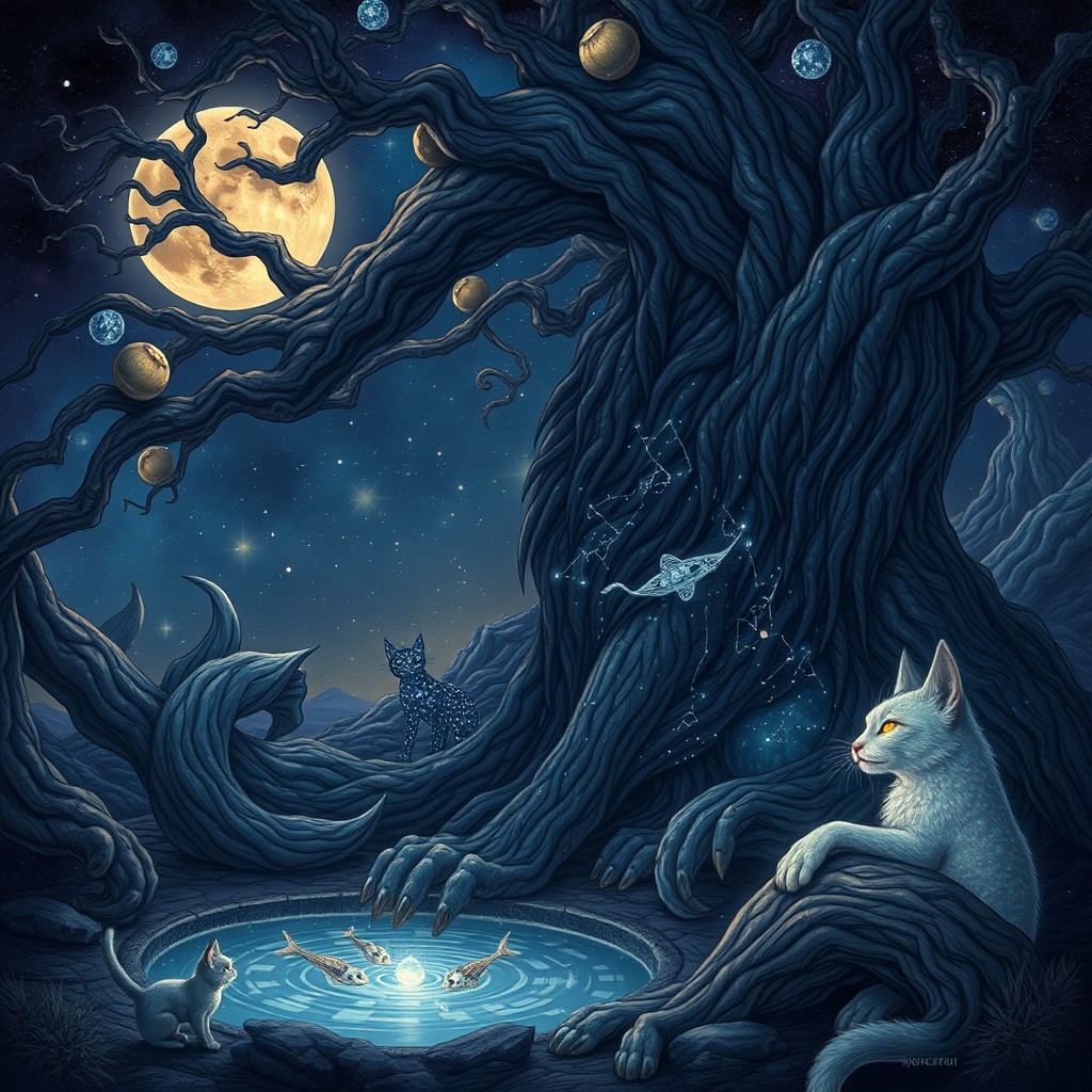 Boro the cosmic hound, a massive dog with fur resembling the night sky, featuring moving constellations as he breathes