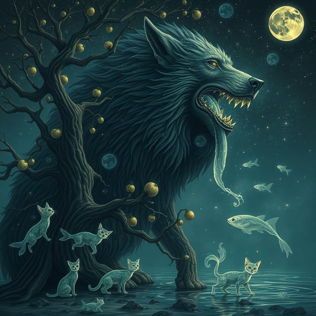 Boro the cosmic hound, a massive dog with fur resembling the night sky, complete with moving constellations that shift with his breath