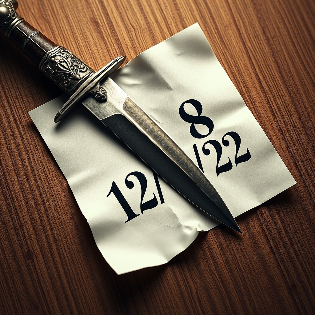 A detailed and artistic representation of a dagger piercing through a calendar page marked with the date 12/08/22