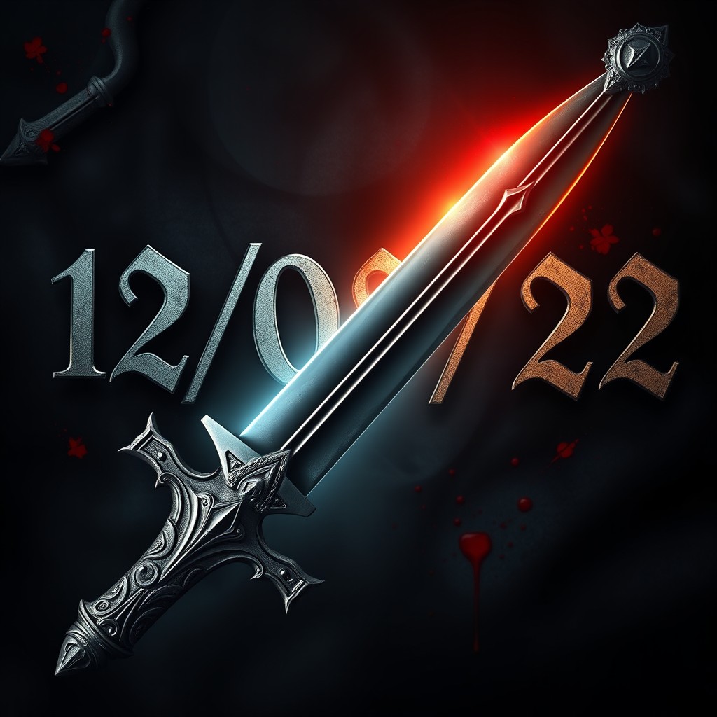 A fierce and dramatic scene depicting a sharp dagger piercing through the date '12/08/22', which is prominently displayed in the background