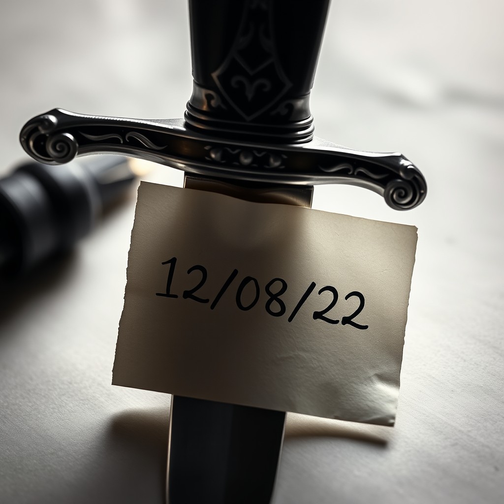 A dramatic still life composition featuring a sharp, ornate dagger piercing through a small paper with the date '12/08/22' clearly written on it