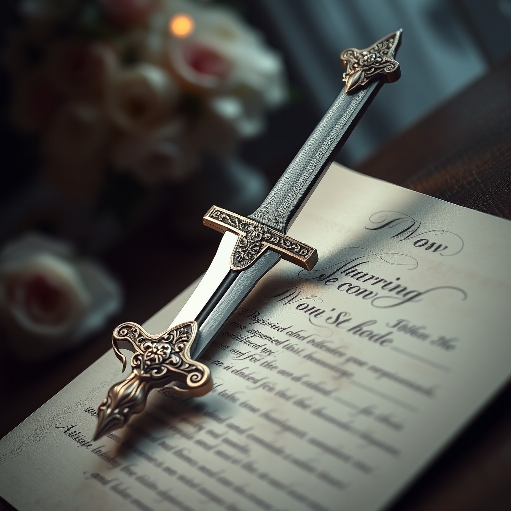 A dagger piercing through a wedding vow document, beautifully styled and dramatic, with delicate calligraphy on the paper