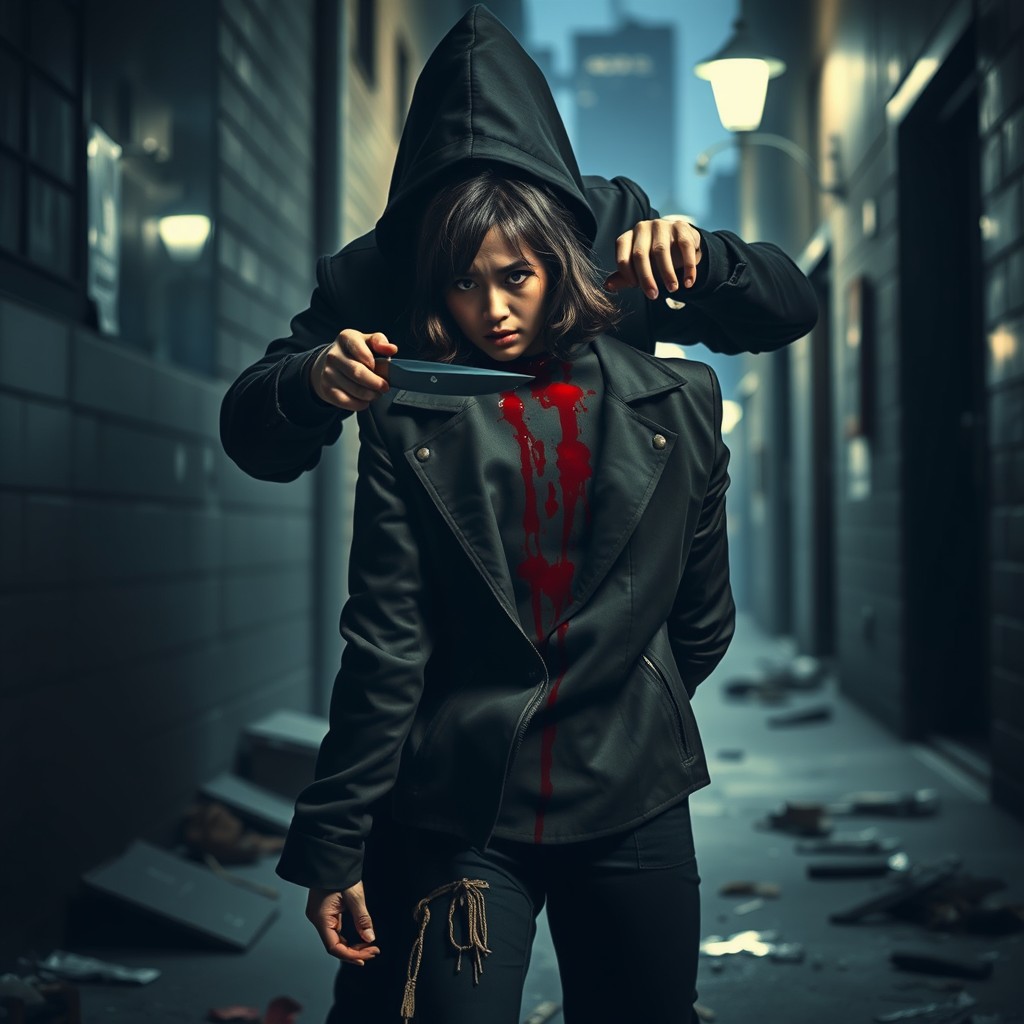 A dramatic and intense scene depicting a thrilling moment of betrayal in a shadowy alley