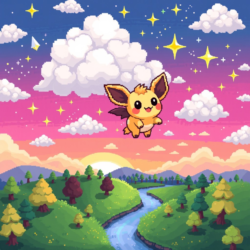A whimsical pixel art scene illustrating a small, colorful creature flying across a vibrant sky filled with fluffy clouds and shining stars