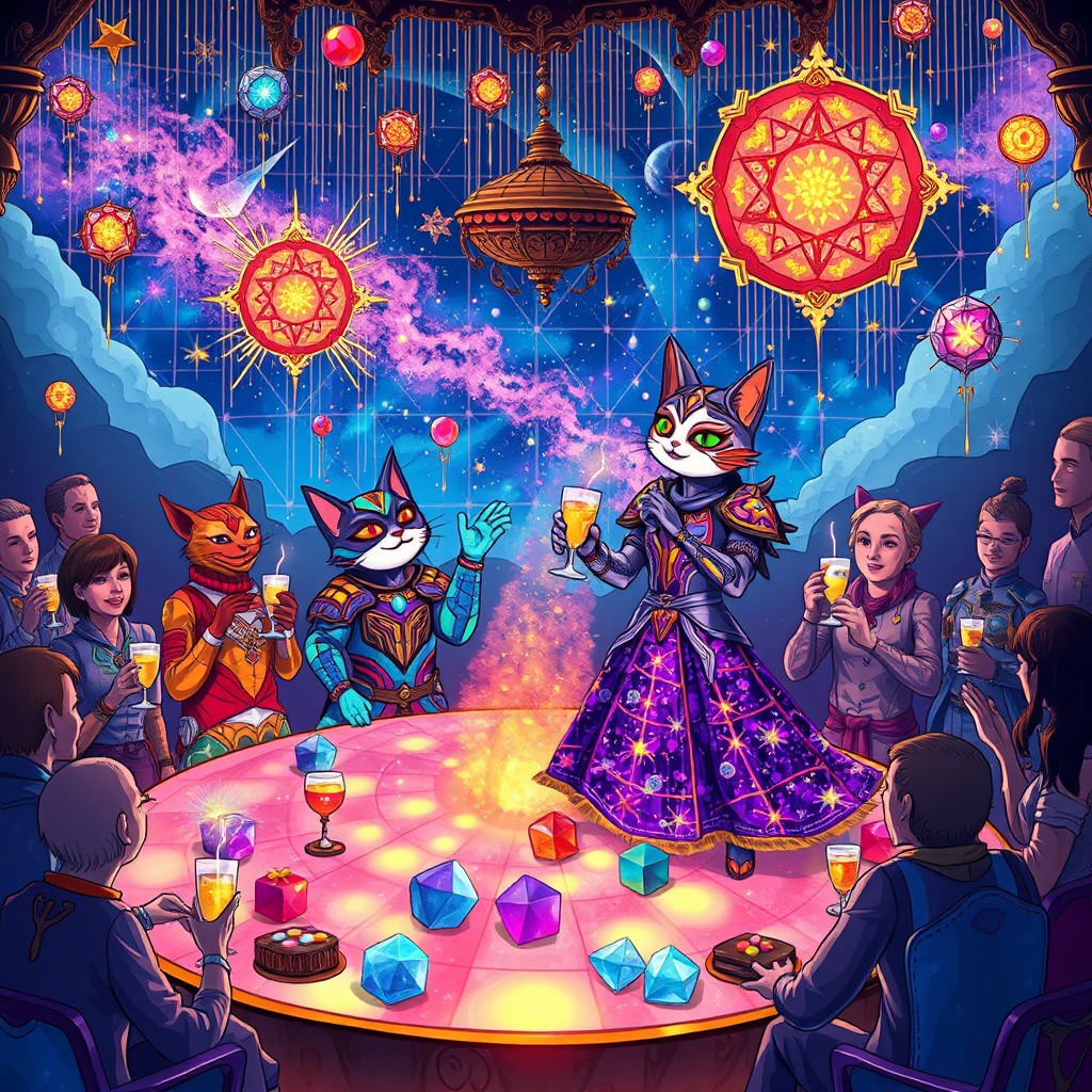 A fantastical floating banquet known as The Grand Celestial Celebration, where vibrant cats made of stained glass serve drinks bubbling with colorful supernovas