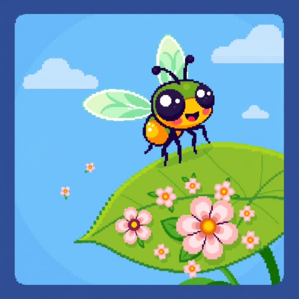 A charming pixel art style illustration of a cute little fly, featuring bright colors and simple, blocky designs