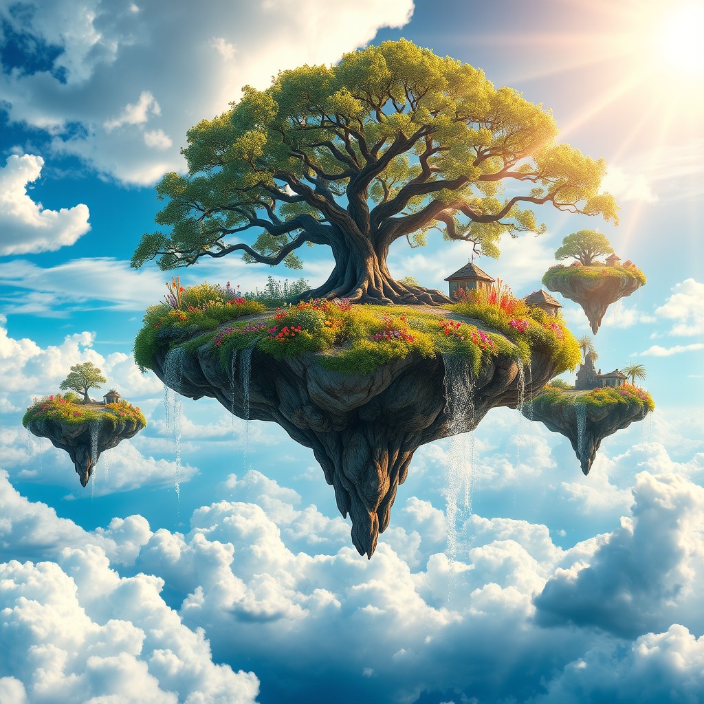 A dramatic and ethereal scene showcasing a fantastical landscape with floating islands suspended in a bright blue sky, each island adorned with lush greenery, colorful wildflowers, and sparkling waterfalls cascading down