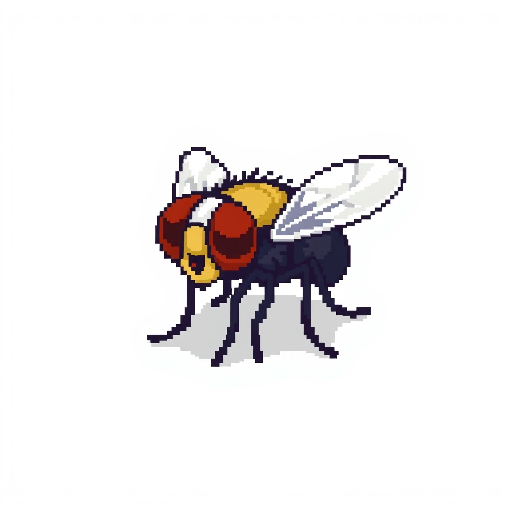 A pixel art representation of a tiny fly, featuring distinct pixelated details such as large compound eyes and delicate wings, set against a clean, white background