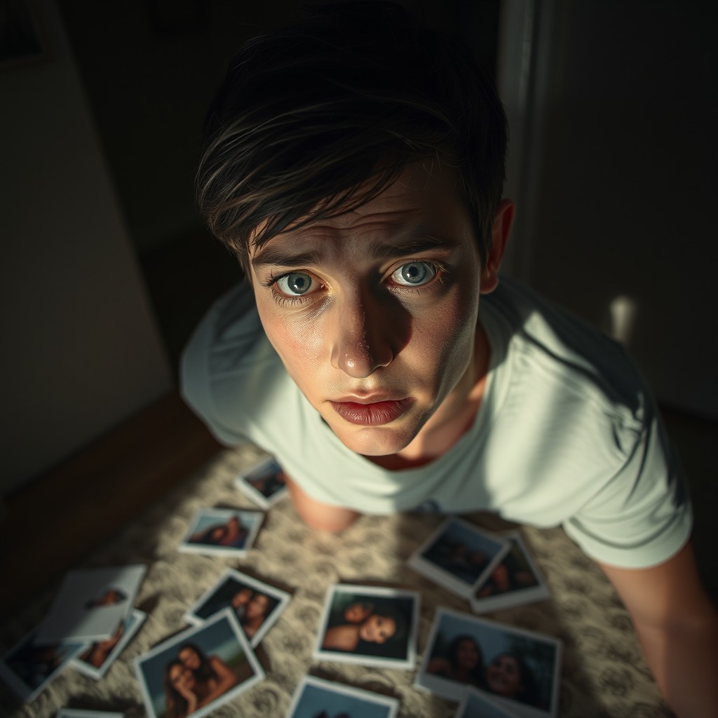 A dramatic scene depicting the feeling of betrayal, showcasing a person looking hurt and shocked in a dimly lit room, scattered photographs on the floor capturing moments of trust and happiness, eyes glistening with tears, shadows cast on the walls to enhance the emotional tension, soft light filtering through a window, creating a poignant atmosphere
