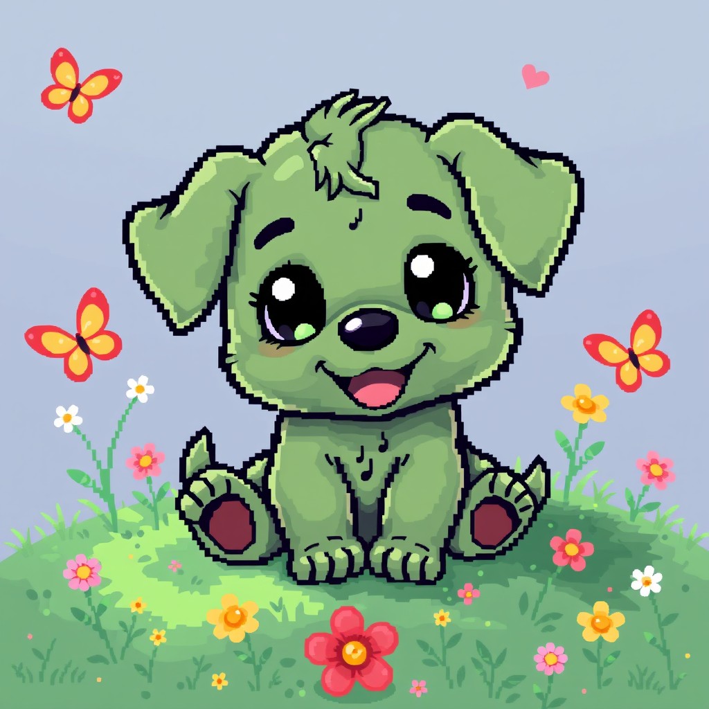 A cute little pixel art puppy with green fur, featuring large expressive eyes and a happy smile