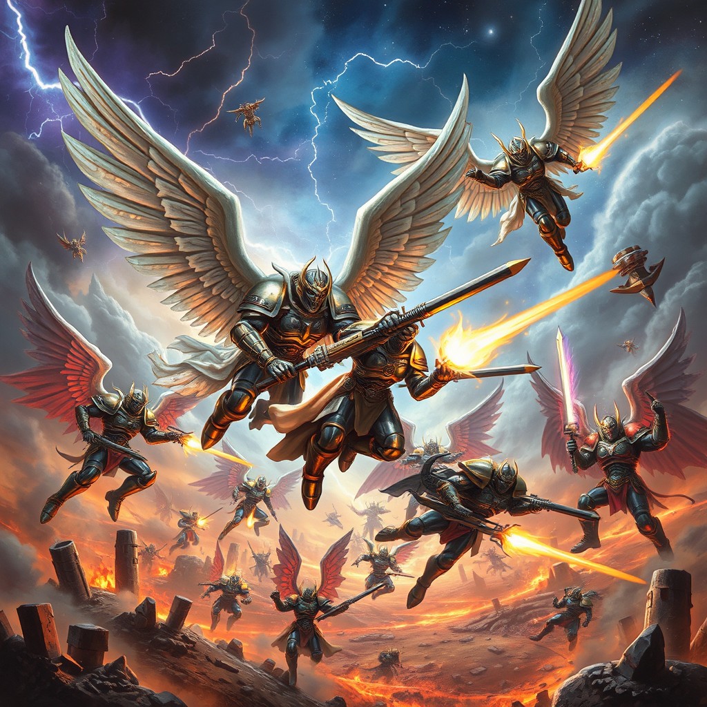 Epic celestial battle scene depicting angels and demons engaged in fierce combat, inspired by Warhammer 40,000 universe