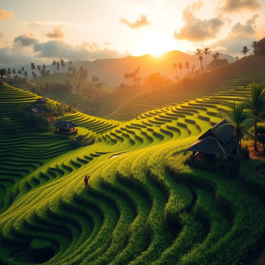 Lush and vibrant rice terraces in Bali, showcasing the intricate layers of green fields cascading down the hillsides