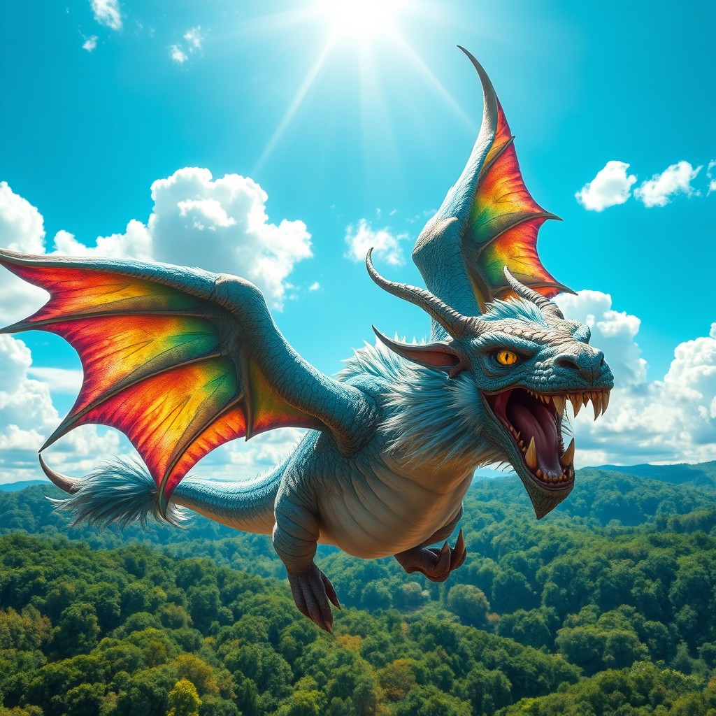 A majestic, mythical creature with intricate wings and fierce fangs, soaring through a bright blue sky filled with fluffy white clouds