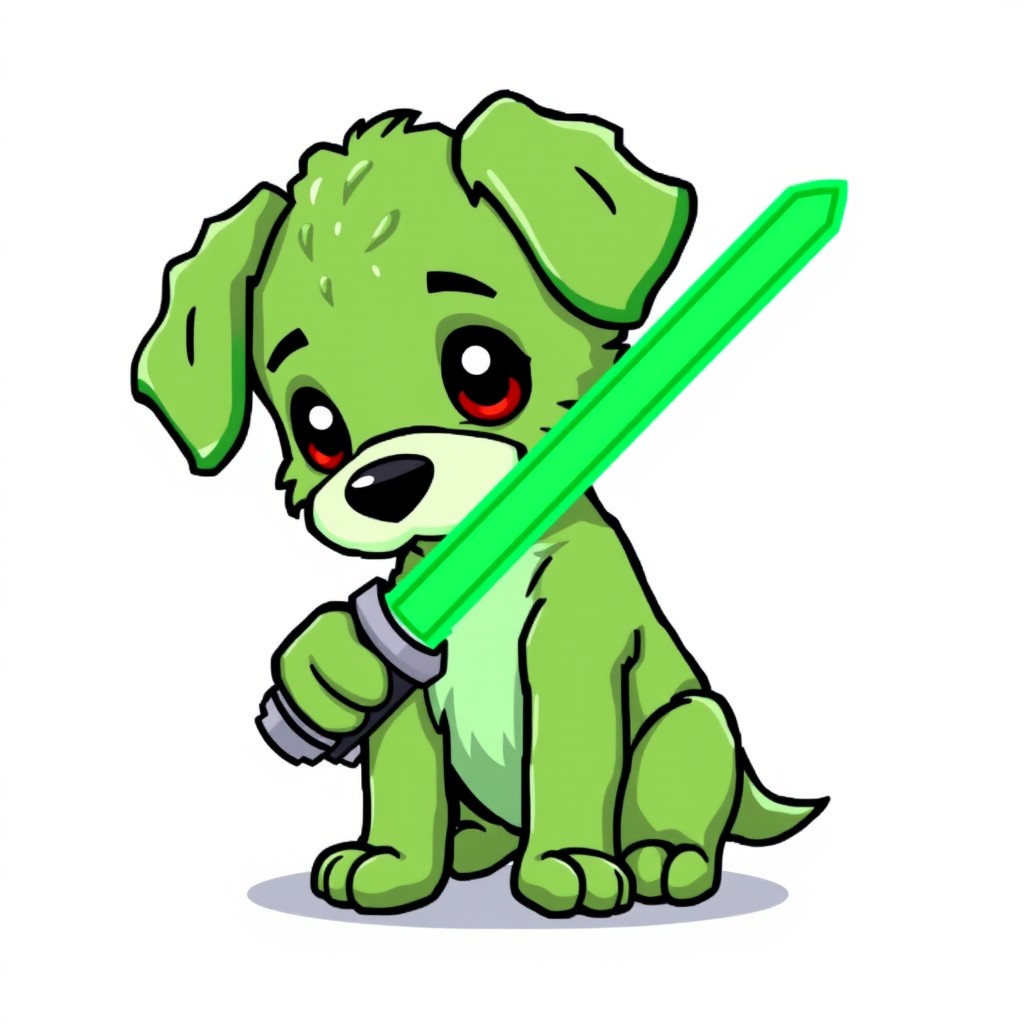 A cute little pixelated puppy with vibrant green fur, playfully holding a green Star Wars lightsaber in its mouth, set against a clean white background