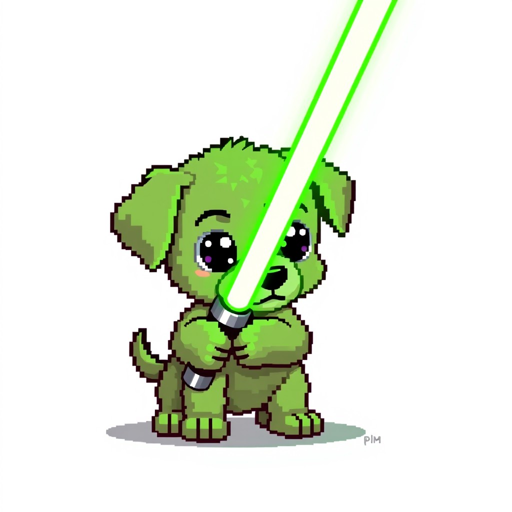 A pixel art style depiction of a small green puppy holding a vibrant green lightsaber, set against a clean white background