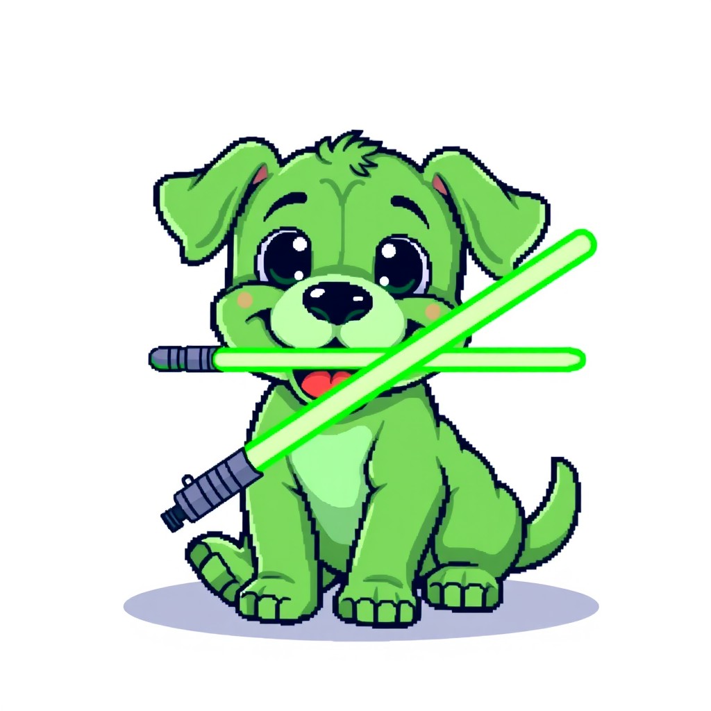A pixel art style illustration featuring a cute green puppy holding a bright green lightsaber in its mouth