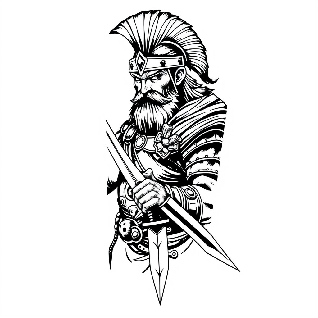 A striking black and white tattoo design featuring an ancient warrior Ario Barzin holding a sword, showcasing intricate details of his armor and weapon, with a fierce expression on his face, symbolizing strength and bravery