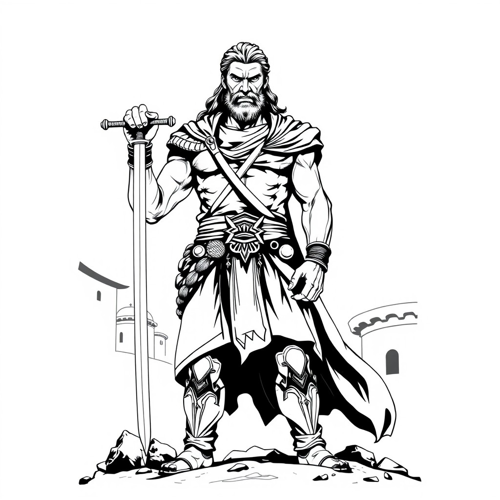 A dramatic black and white illustration of Ario Barzun, the legendary Persian hero, standing tall with a sword in hand