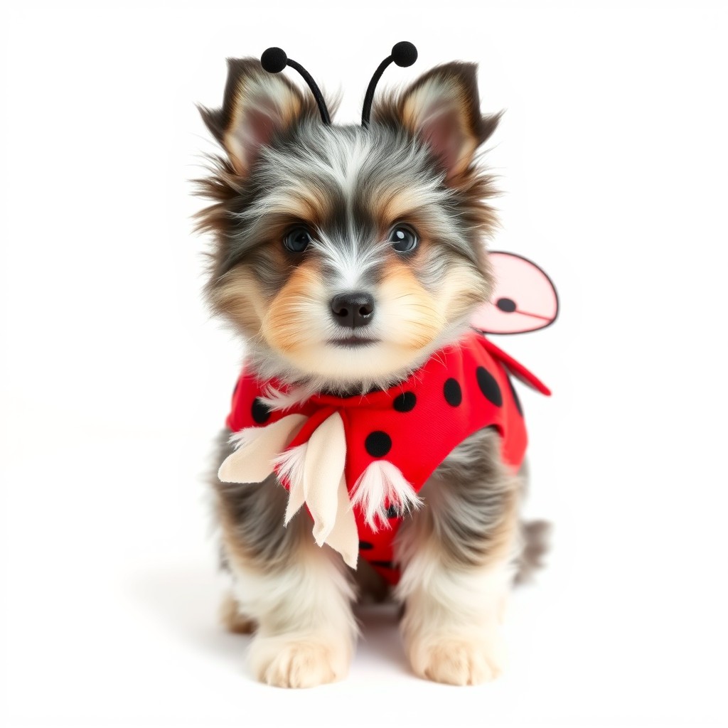 A cute grey collie puppy dressed in an adorable ladybug costume, showcasing its playful spirit and fluffy fur