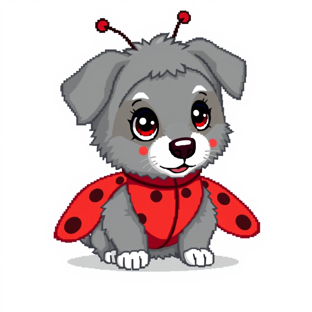 A pixel art style image of an adorable grey collie puppy dressed in a whimsical ladybug costume